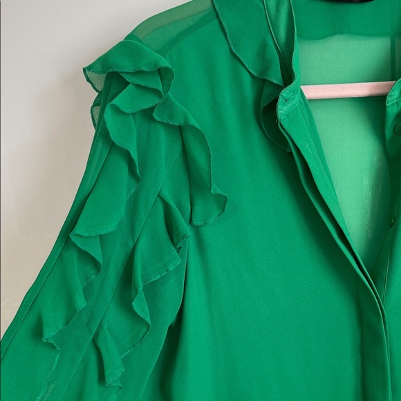 Zara Emerald Green Ruffle Sleeve Blouse Mandarin Collar, Size M - Picture 5 of 10